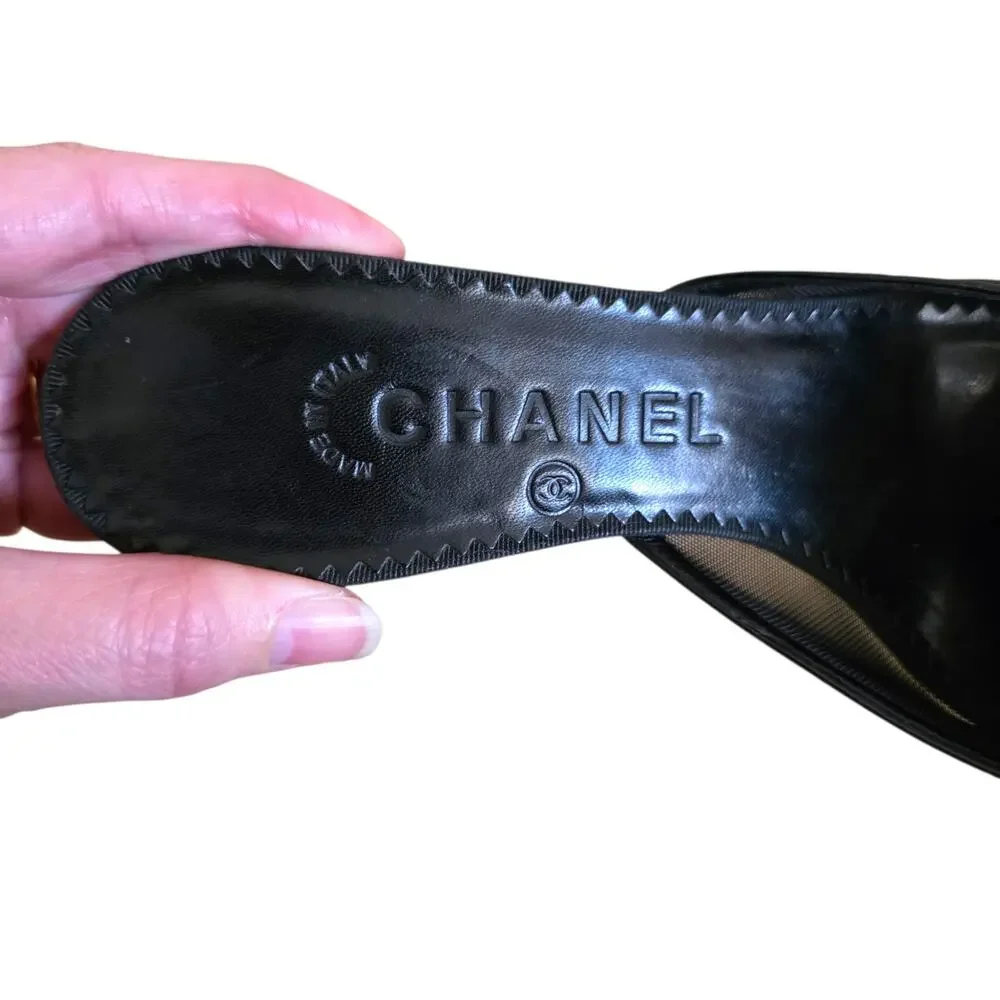 Chanel Vintage Mesh Mules Camellia Flower Logo Black Leather Heels IT 37 US 6.5